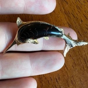 Vintage Swordfish Pin Brooch Black Stone Gold Tone 2” Fish Ocean Aquatic Unisex